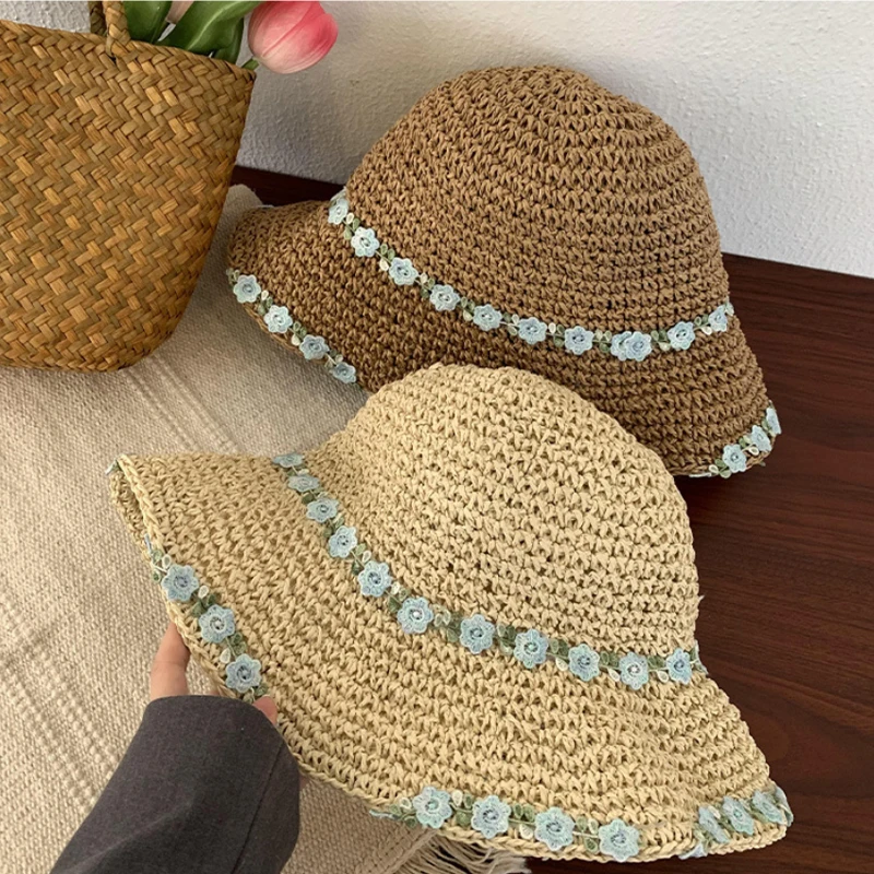 

Ladies' Bucket Hat Korean Flowers Sweet Kawaii Fashion Verstaile Caps Summer Beach Vacation Foldable Large Brimmed Sunscreen Hat