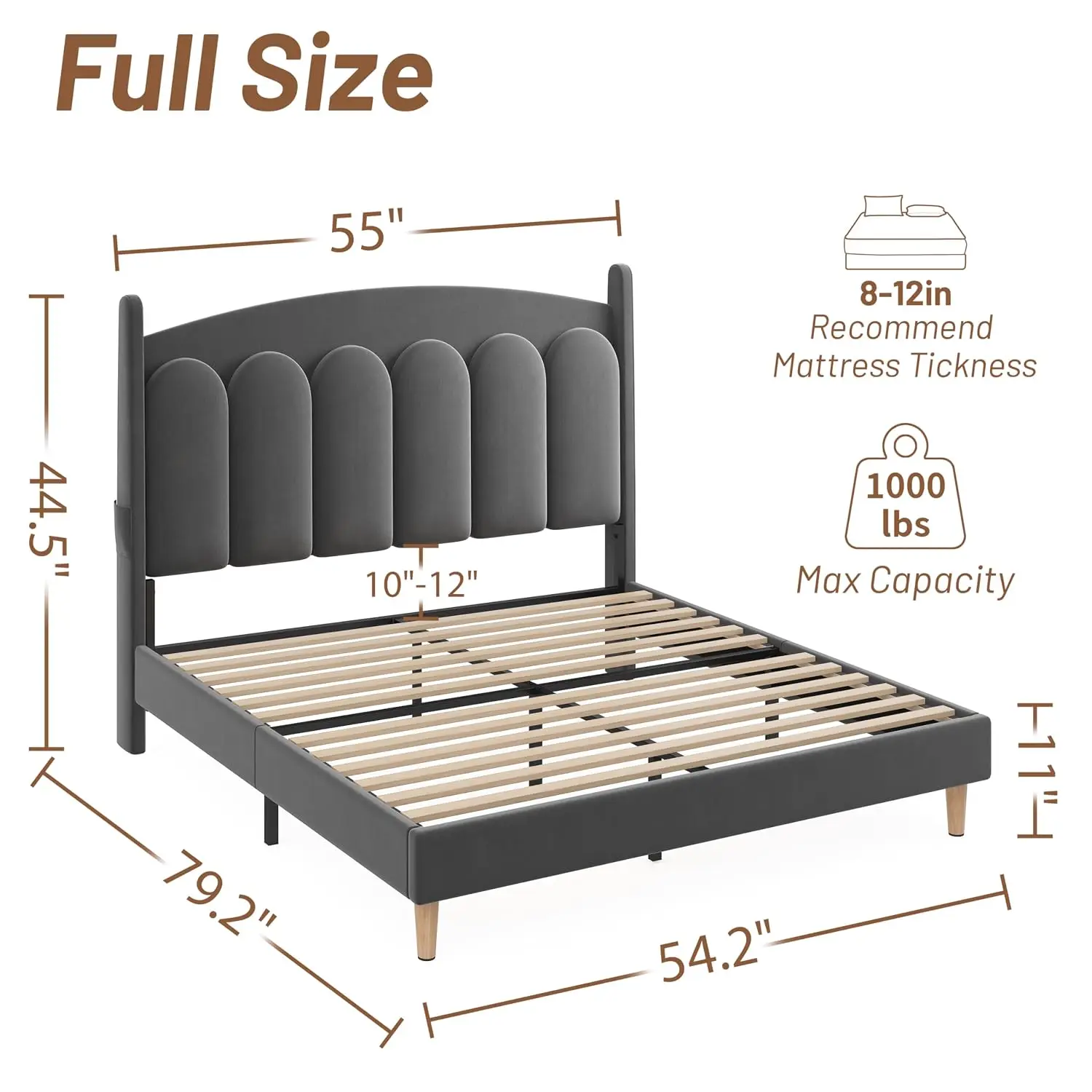 Full Bed Frame LED Headboard Velvet Upholstered Adjustable Platform Wooden Slats No Box Spring Easy Assembly Grey, Customized