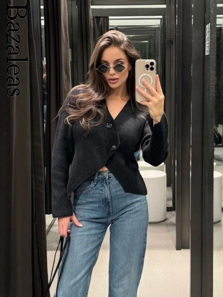 2024 women's Official Autumn Black Two Buttons Women Cardigan Streetwear Knitted Outerwears Pockets Sweater Store
