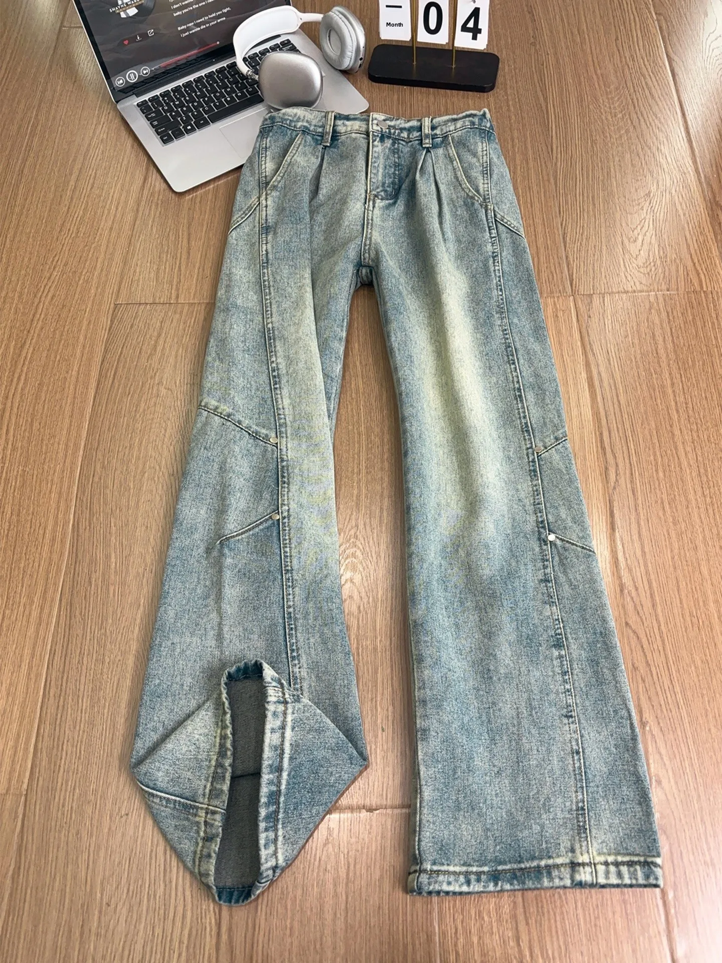 

Men's Straight Leg Workwear Jeans High Street Loose Casual Pants Nailhead Patchwork mid Waist Cotton Blend Four Seasons