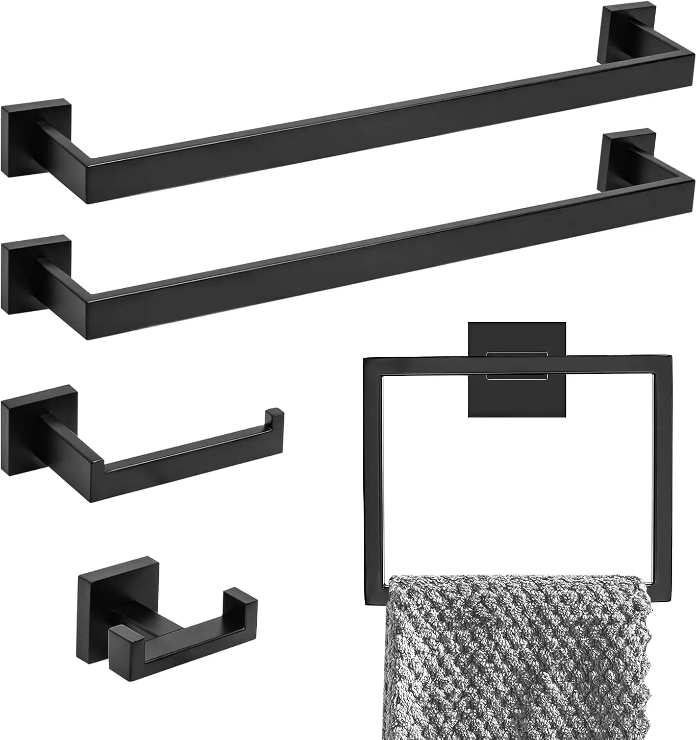 

5-Piece Matte Black Bathroom Hardware Set, 23.6" Towel Bar, Ring, TP Holder & Double Hook