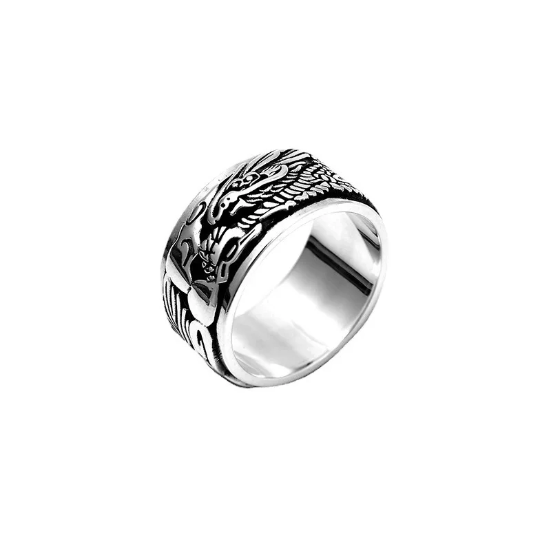 Real Solid 925 Sterling Silver Band Men Gift 12mm Carved Dragon Turn Ring 14g/US Size 10