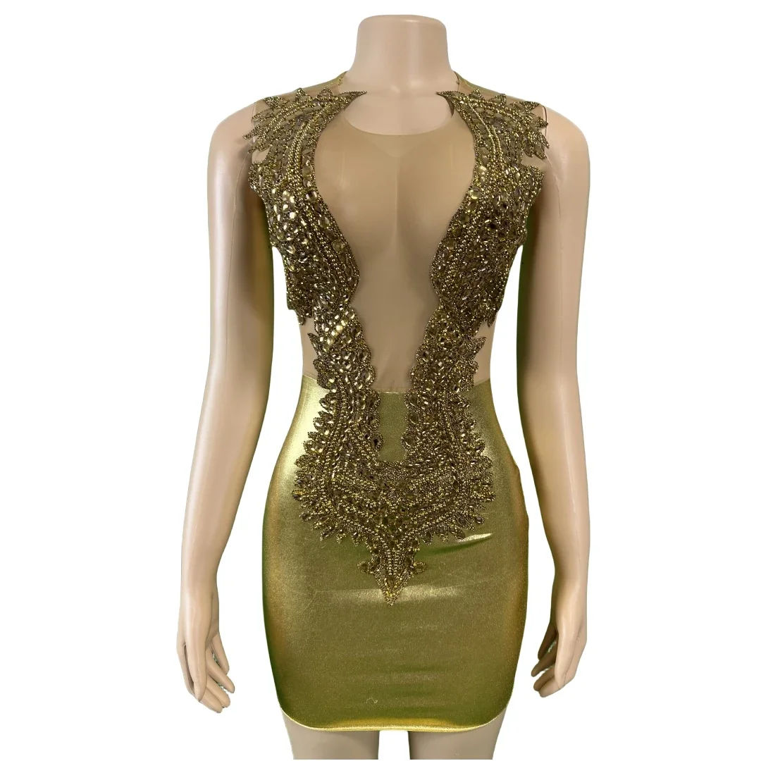 Gold Sleeveless Women Birthday Night Party Short Dress Sexy Sparkly Rhinestone Dresses Play Celebrate Evening Drag Costume