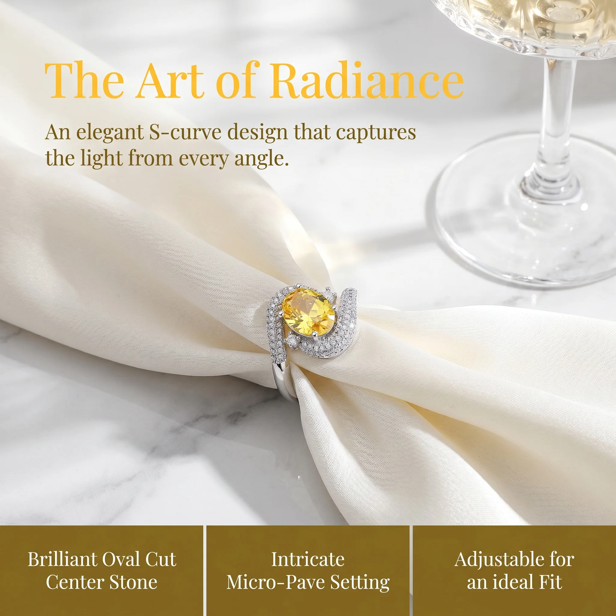 

Elegant Geometric 925 Sterling Silver Yellow Zircon Ring for Women Luxury High-End Evening Gown Accessory