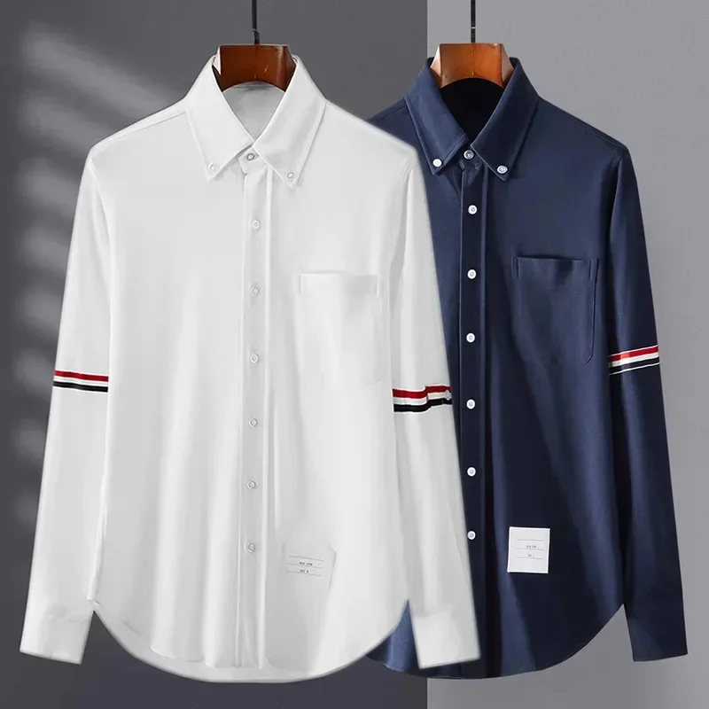 

2025 New High Quality TB Shirt Fashion Korean Summer Long sleeved Polo Collar Unisex College Preppy Casual Striped