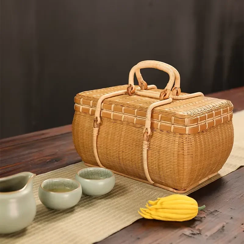 Xiangyunsha Summer Dream Portable Travel Ceremony Storage Box Natural Color Bamboo Weaving Basket for Set Storage
