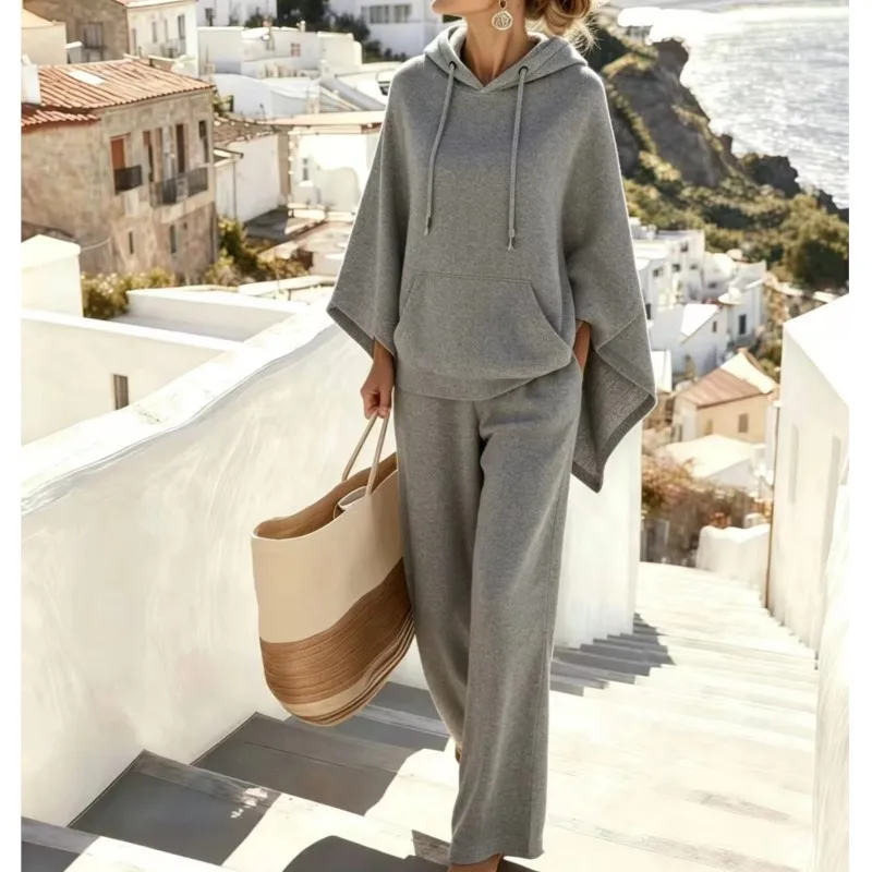 2026 New Women's Autumn/Winter Pants Set Solid Color Hooded Bat Version Fashionable Comfortable And Versatile Daily Pants Set