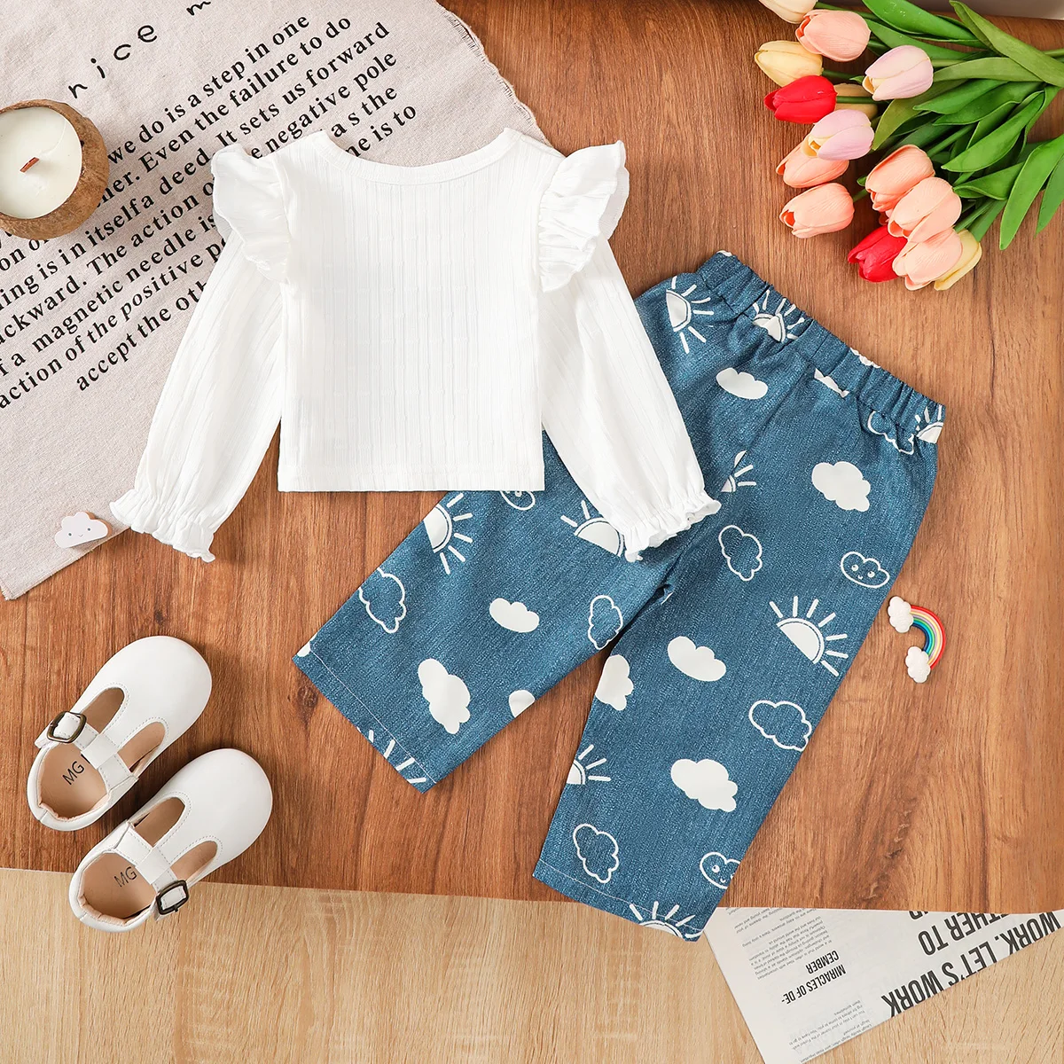 0-3Years Baby Girl Casual Set Cartoon Anime Pattern Top Cloud Printed Blue Pants Two Piece Set Toddler Baby Girl  Autumn Set