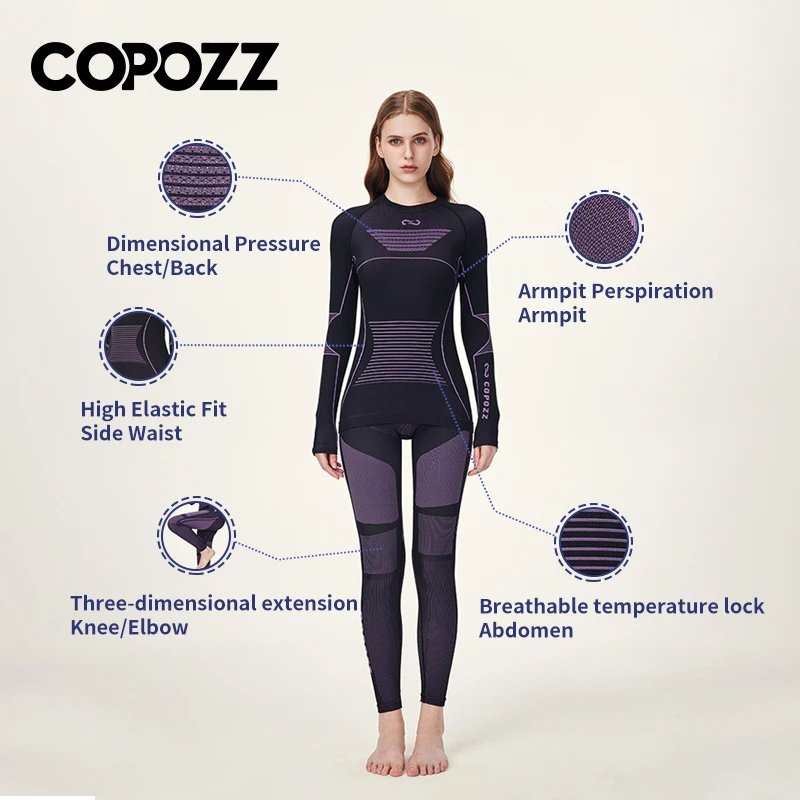 COPOZZ Neue Ski-Thermounterwäsche, schnell trocknend, feuchtigkeitsableitend, eng, Rundhalsausschnitt, ultraweich, warm, für Ski, für Männer und Frauen, Thermo-Unterwäsche-Set