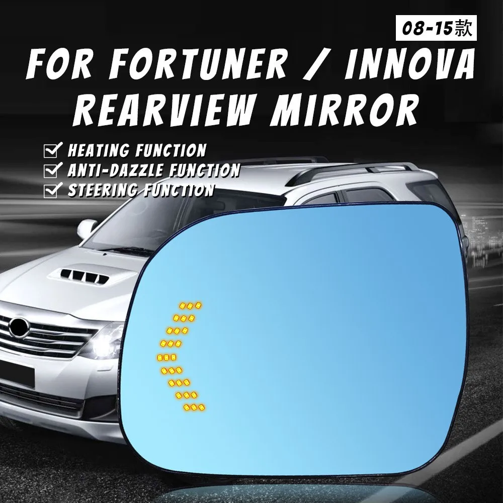 Car Rearview Mirror Lens for Toyota Hilux Revo Vigo Fortuner Innova 2008-2015, LED Turn Lights, Anti-glare, Heat Demisting