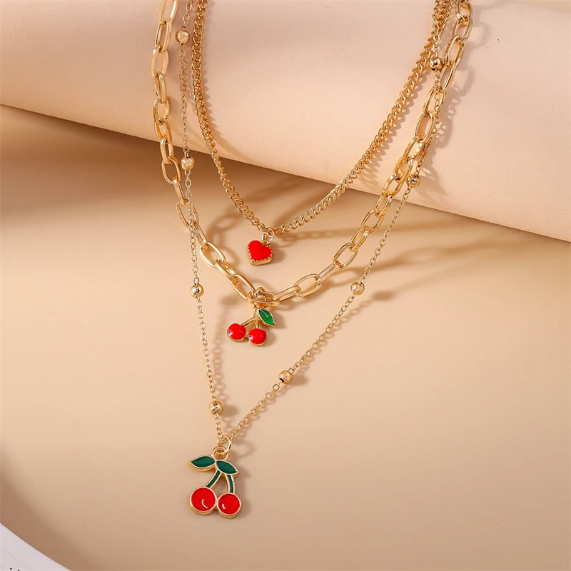 Modische Halskette mit rotem Kirschanhänger für Damen und Mädchen, mehrschichtige Halskette, Geschenk, Party, Festival, Schmuck, Dekoration – Detail 5