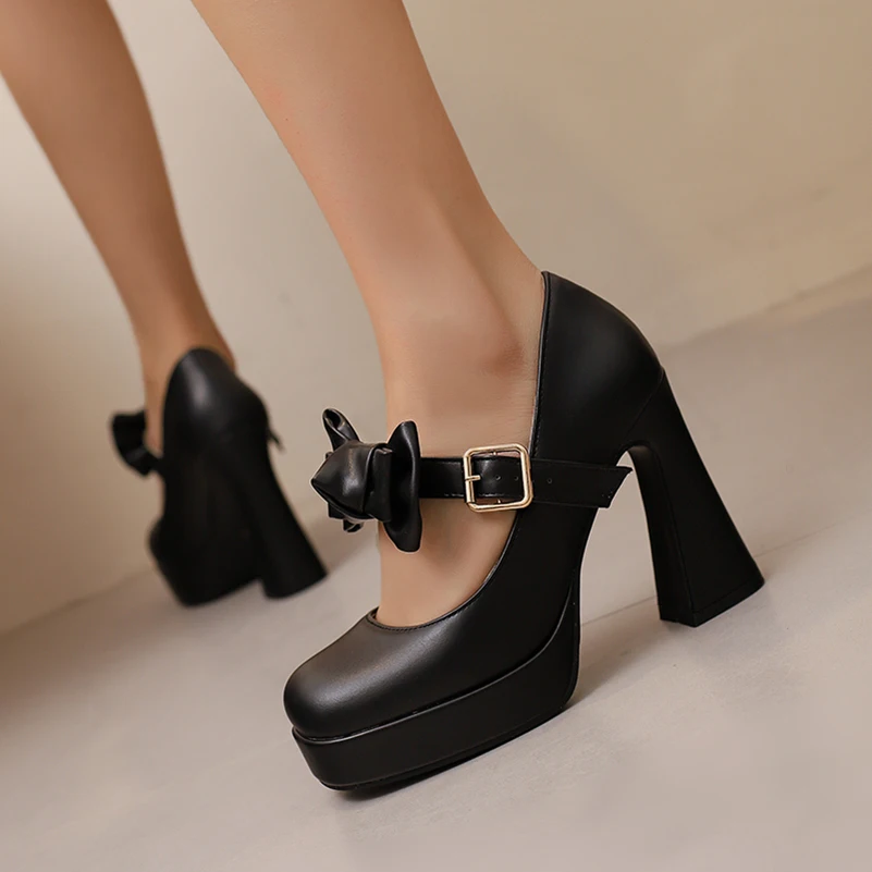 Plus Size Women Bow Mary Jane Platform High Heels Buckle Ankle Strap Flared Block Heel Pumps Sweet Lolita Party Dress Shoes view 4