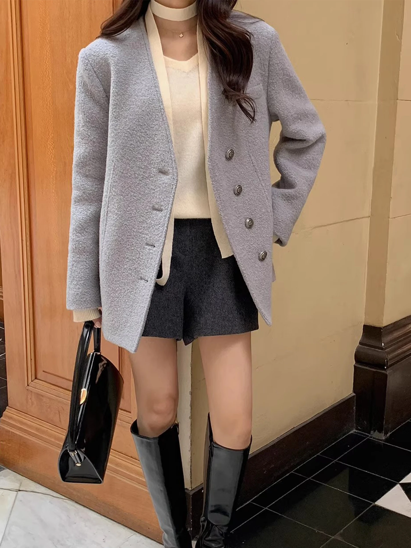 

Ele Korean Sle Women's Woolen Coat V-Ne Button up Winter Faion Casual Chic Long Sve Pure Color Loose Fit