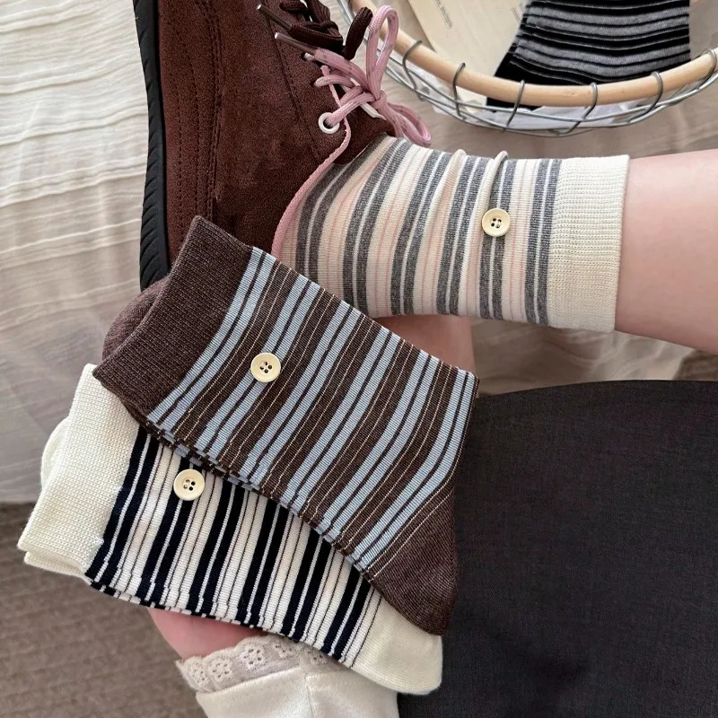Women Socks Fashion Striped Color Blocking High Quality Crew Socks Button Decoration Korean Style Long Socks For Women