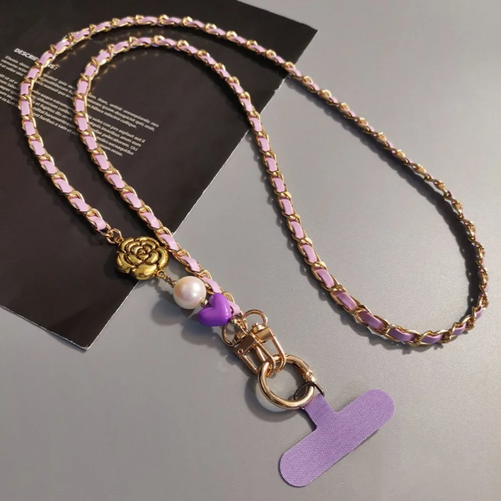Pearl Mobile Phone Diagonal Lanyard Metal Chain Luxury Crossbody Phone Rope Long Camellia Mobile Phone Strap Hanging Ornaments