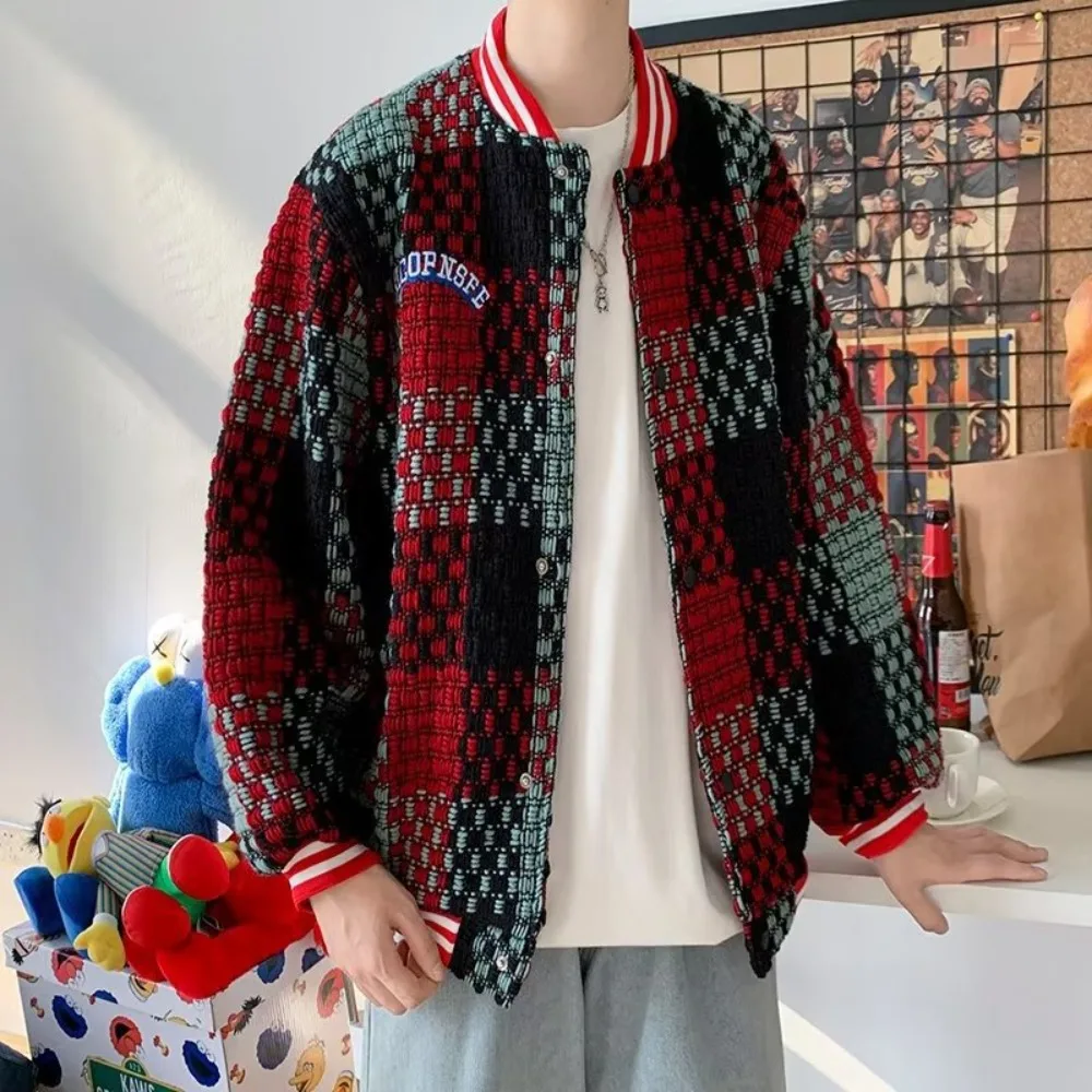 Classical Men Jackets Bright Line Plaid Contrast Colors Youthful American Style Students Vitality Letter Embroidery Loose Trendy