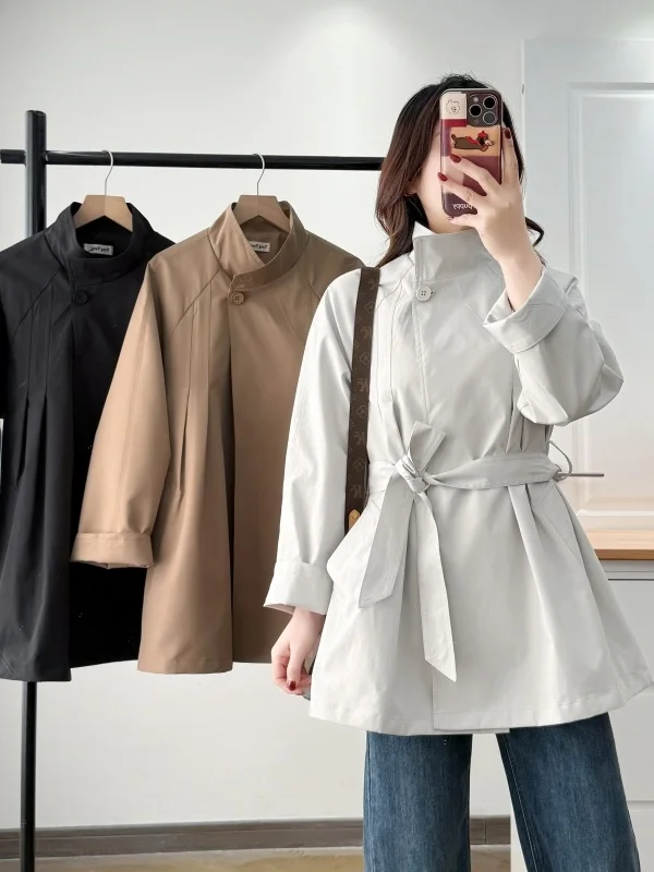 

plus Size Women's Spring Korean Style Stand Collar Waist Cinched Belted Coat Medium Length Loose Casual Small Size Jacket