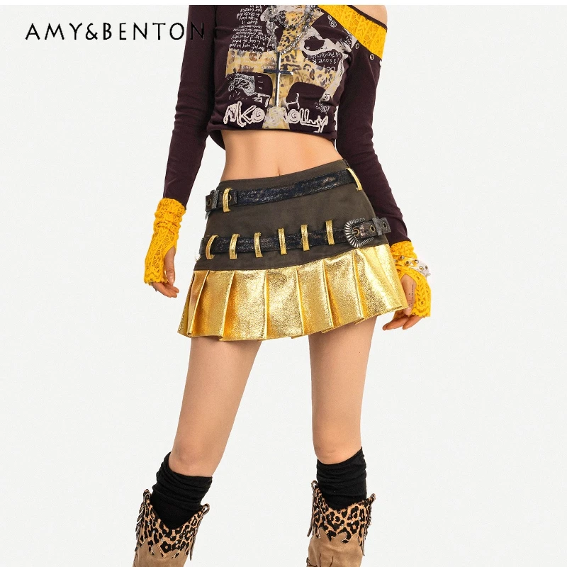 Original Design Heavy Industry Double Waist Gold Splicing Pleated Women's Short Skirt Autumn New Sweet Cool A-line Skirts Ladies