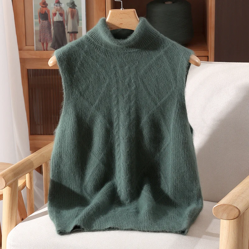 

Chic Women's Turtleneck Pullover Sleeveless Vest 100% Mink Cashmere Sweater Soft Knitwear Autumn Winter Solid Color Waistcoat