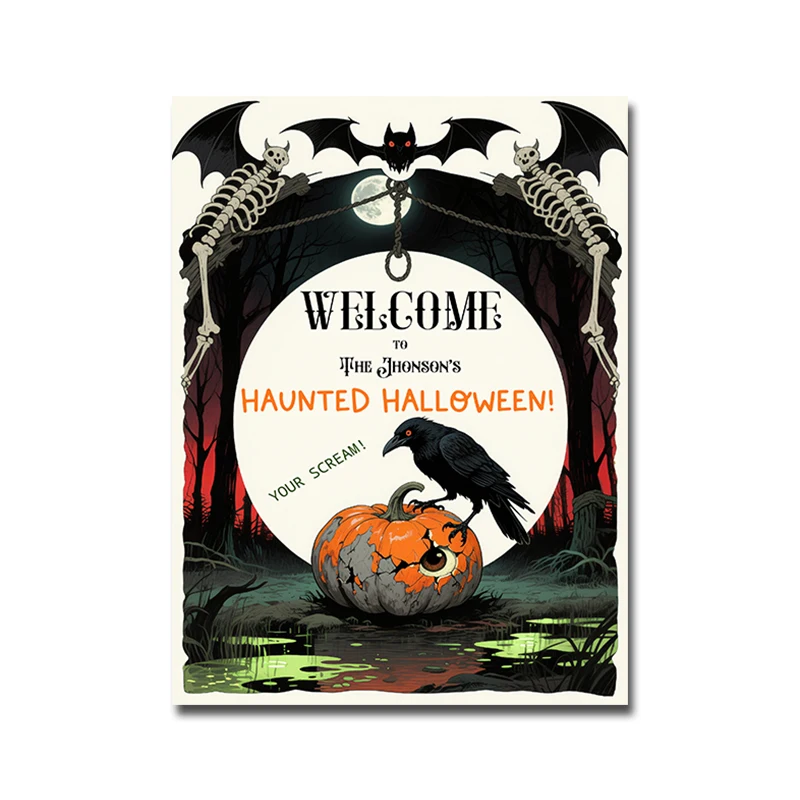 Custom Halloween Welcome Sign - Personalized Name Poster - Witch Ghost Pumpkin Decorr - Porch Party Hanging Art-Spooky Home Dec