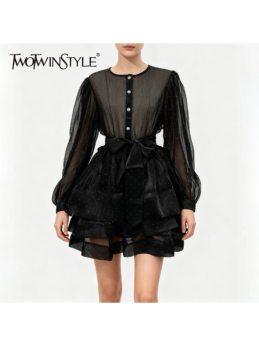 TWOTWINSTYLE الصلبة شير تقسم موجة نقطة فساتين الموضة للنساء س الرقبة طويلة الأكمام تونك المرقعة الكشكشة فستان الإناث #1