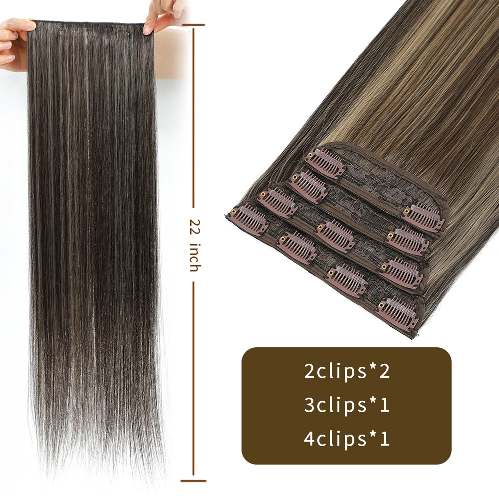 MAGICAE Long Straight Clip In Hair Extensions Natural Black 4 Pcs/Set 22 Inch Synthetic Hair Piece For Women