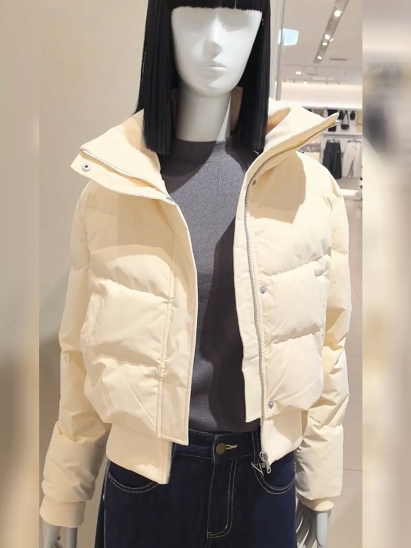 

Chic ort Puffer Jaet Women's Thiened Stand Collar Bread Sle Durable Polyester Fiber White Du down Filling Warm Coat