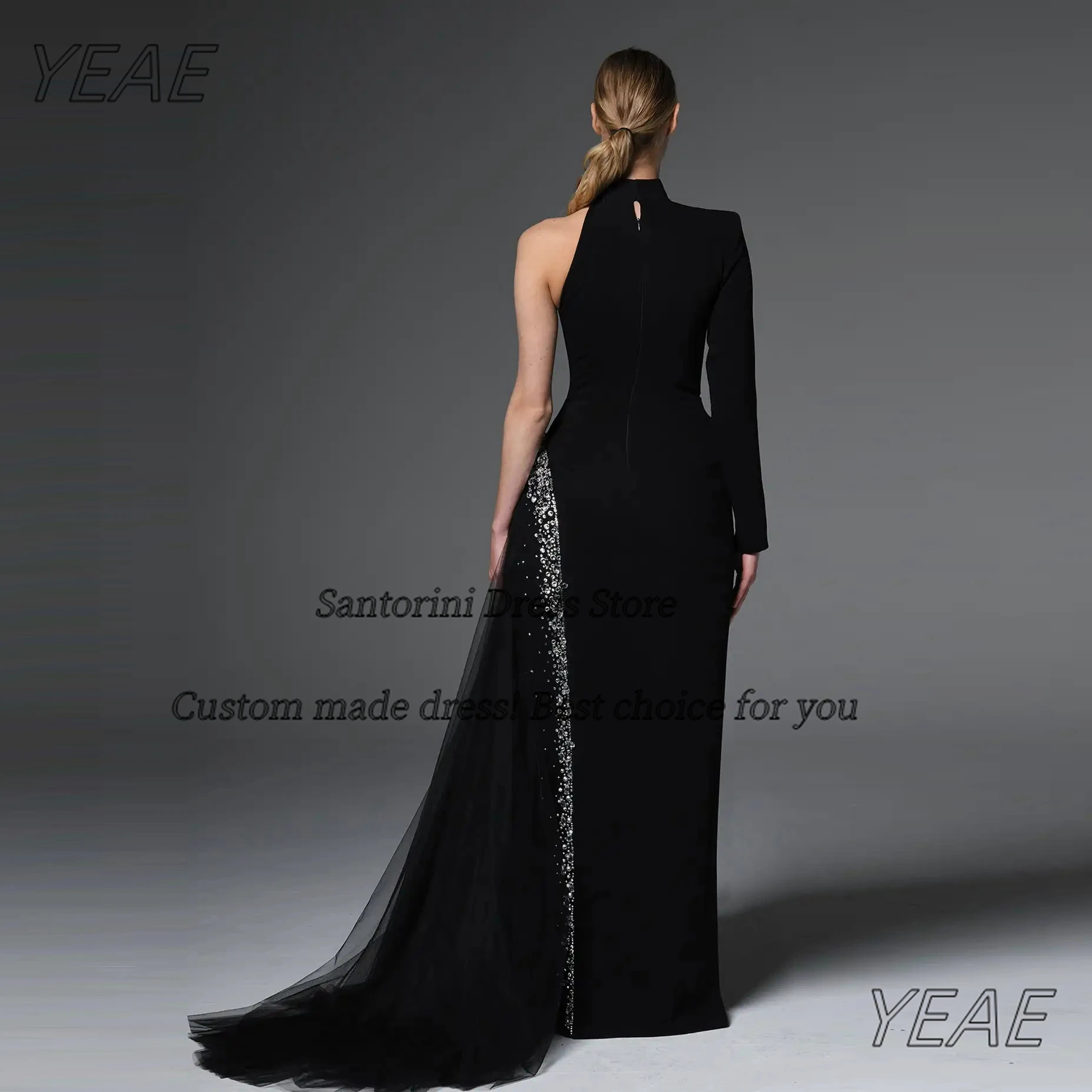 Santorini Black High Collar Vestidos De Gala Prom Dresses Customized Long Sleeve Beaded Side Tulle Evening Party Gowns