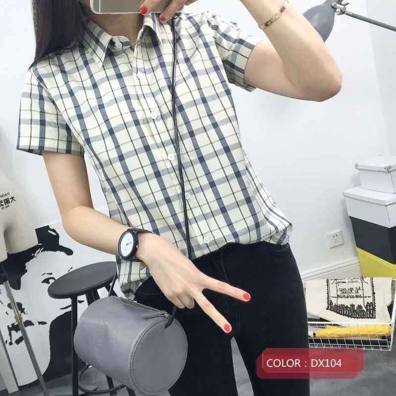 Casual Cotton Plaid Shirt Women 2023 Summer Female College Style New Short Sleeve Shirt Women Plaid Blouses and Tops Clothes