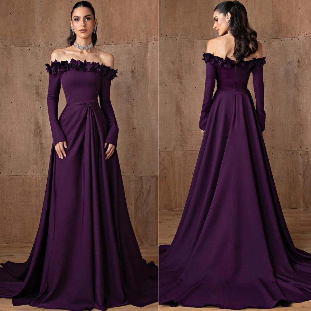 

Customized Elegant Jersey Boat Neck Evening Dress Classic Long Sleeves Prom Dresses Fashion Court Train Special Occasion Gowns