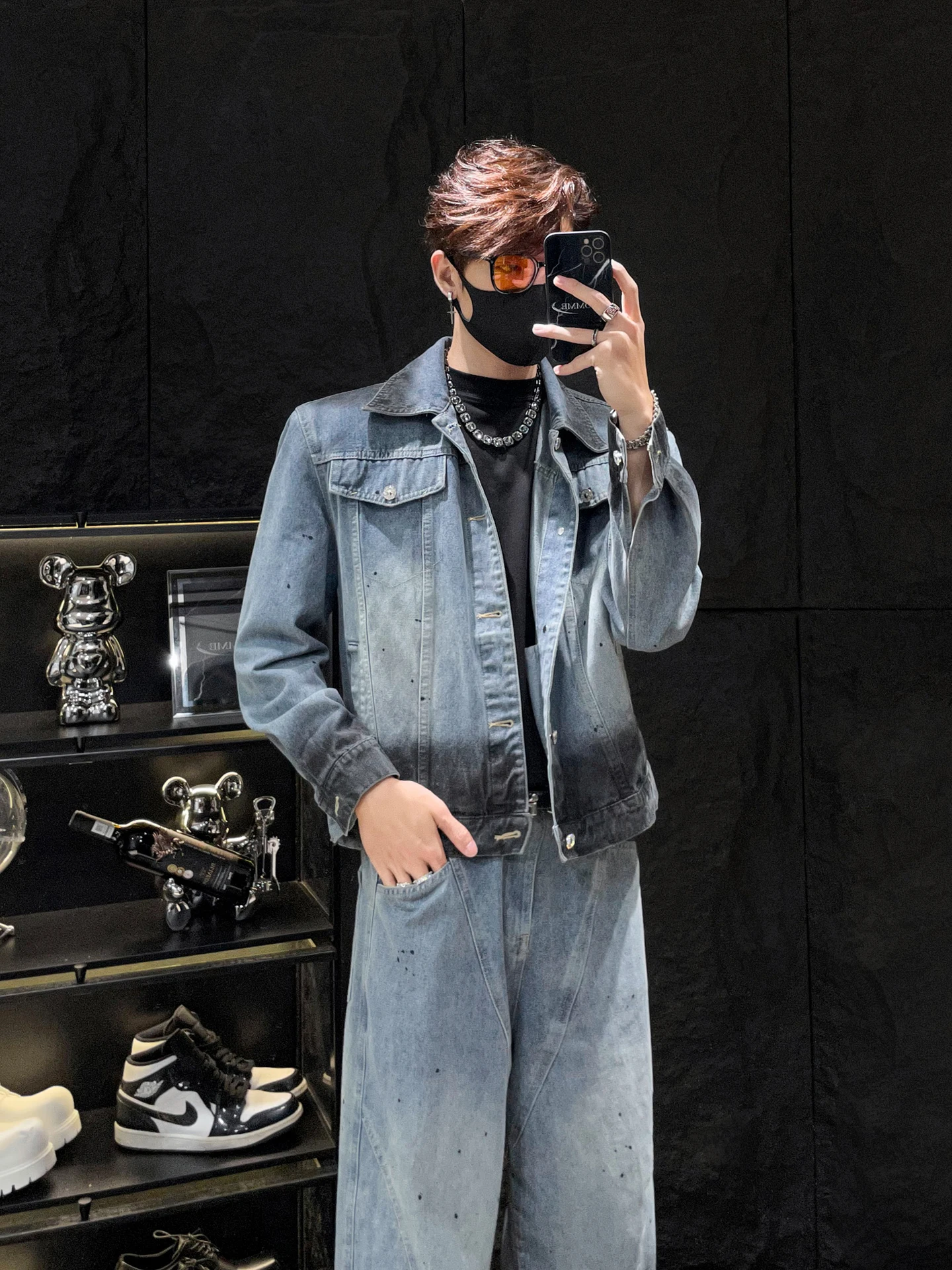 

Мужской джинсовый комплект: куртка и брюки, цвет синий, джинсы с эффектом потертости, длинный рукав, осенняя повседневная одежда из Китая