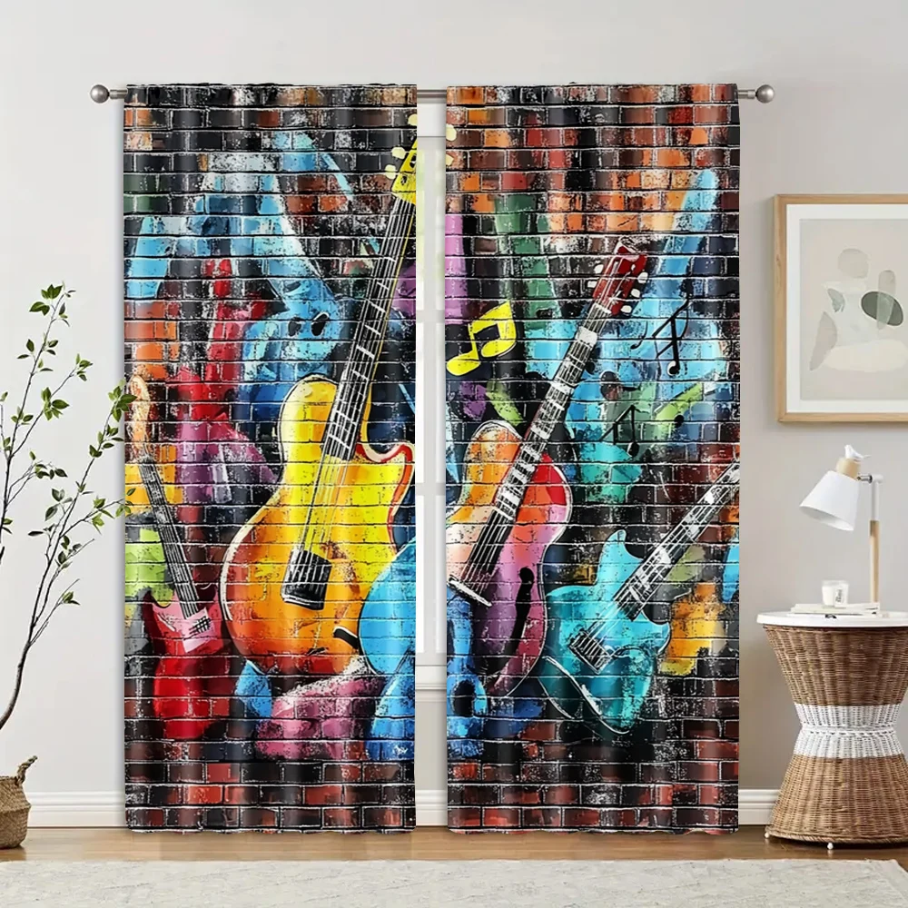 2 pcs, filtering curtains (excluding rods, non-movable, without batteries) 80 's 90 's graffiti brick wall music theme for use
