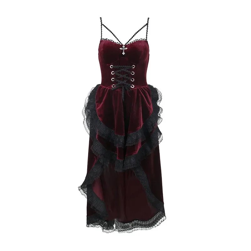 Gothic Low Swing Cocktailpartykleid Damen Vintage Goth Spitze gesmokt elastische Taille plissiert fließende figurbetonte Kleider