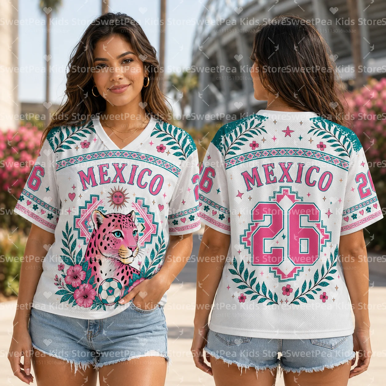 Children and Adults Mexican Pink Panther Cartoon Design Pattern Print Summer T-shirt V-neck Short Sleeve Pullover Loose T-shirts