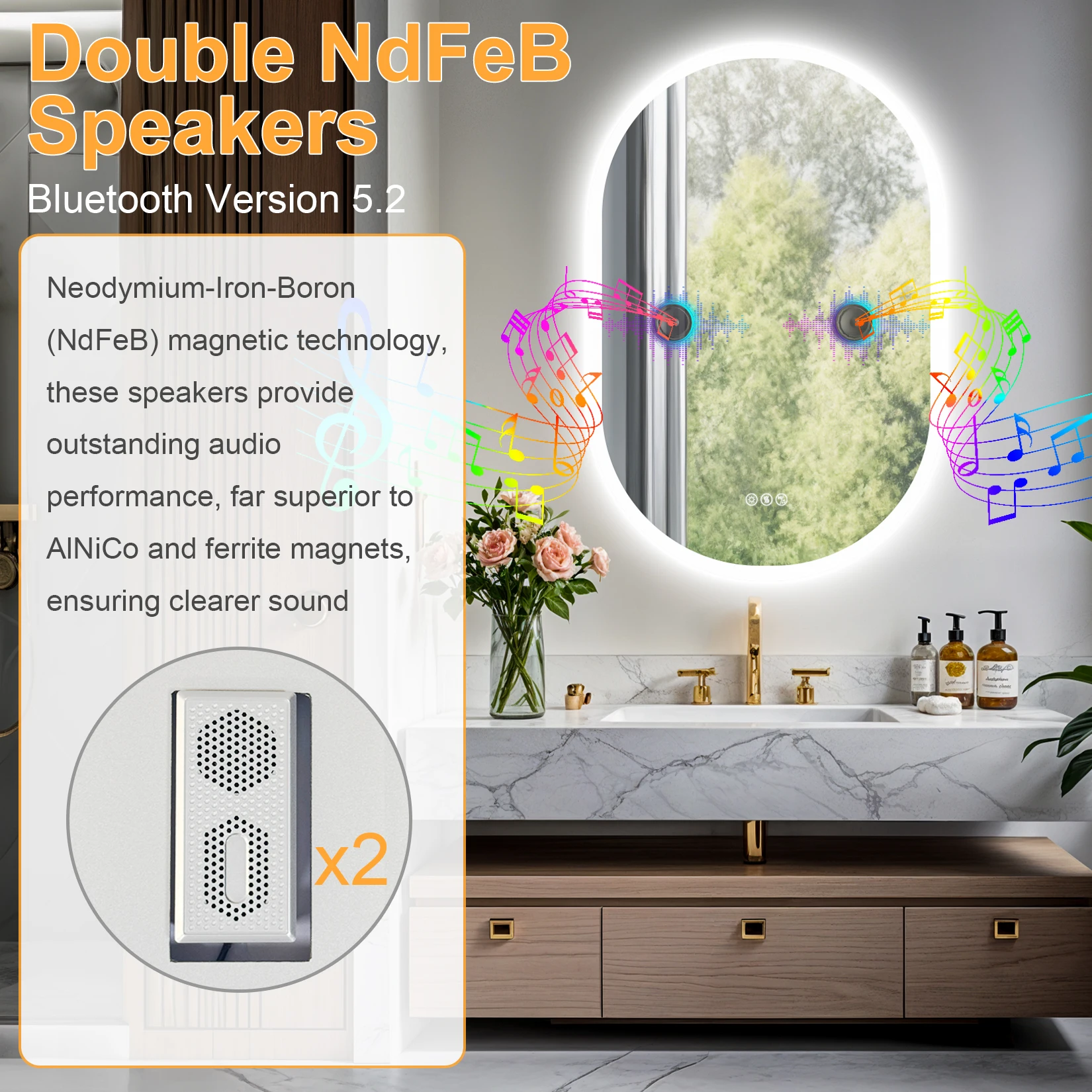 Led Bathroom Mirror 900x600mm Oval Illuminated Wall Vanity Mirror w Bluetooth, 3 Colors Change, Temperature, Defogging Functions