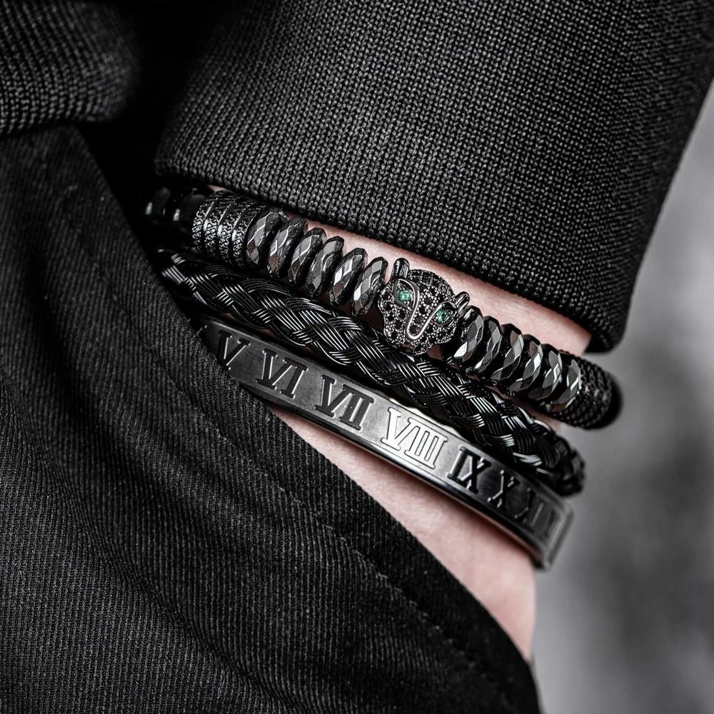 3pcs/set Luxury Men Skull Head Handmade Bracelets Enamel Roman Numeral Bangles Hematite Beads Hiphop Jewelry