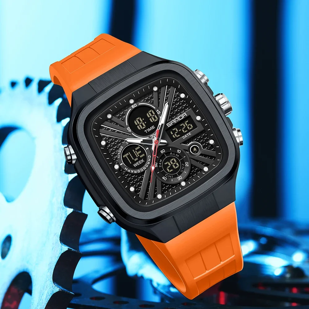 SANDA Fashion Men Watches Square Sport Watches Digital Dual Time Watches 50m Waterproof Electronic Men's Wrist Watches