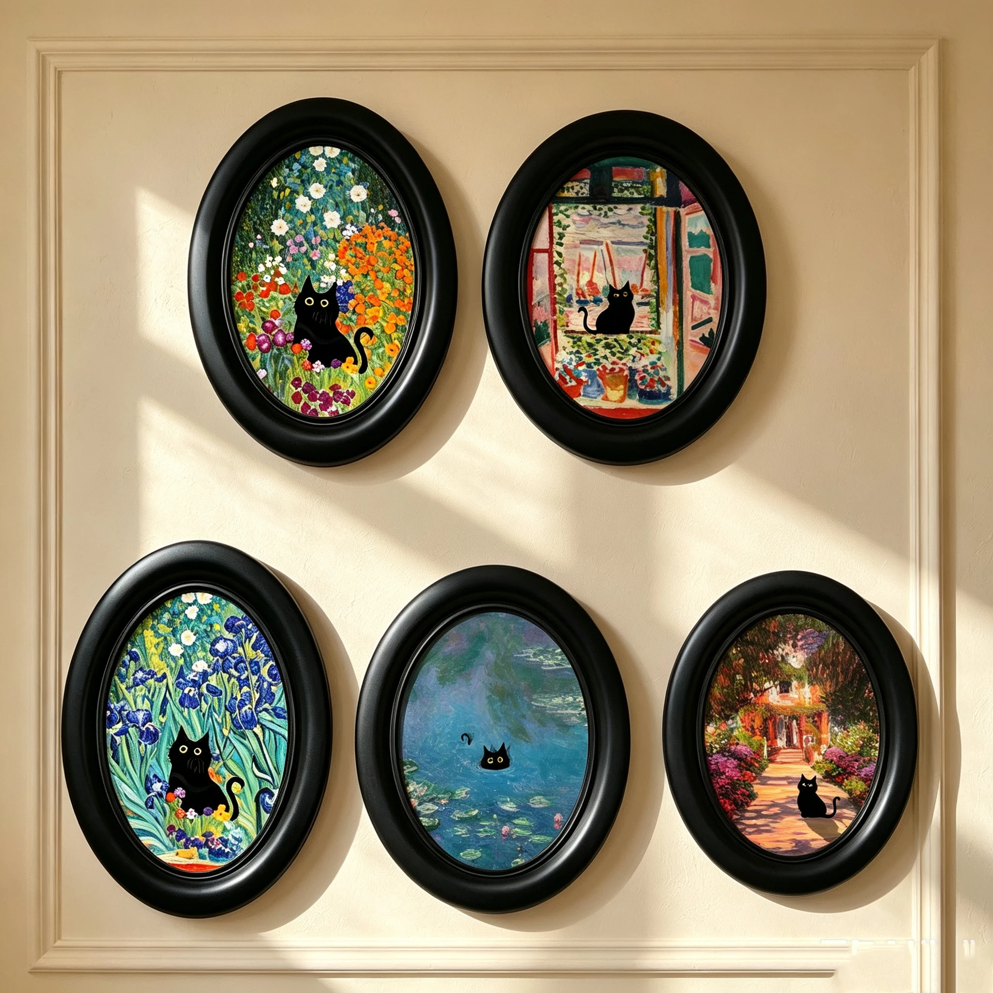 Famous Art Van Gogh Klimt Monet Cat Wooden Elliptical Photo Frame, Perfect for Home & Holiday Decoration, Great Gift Choice