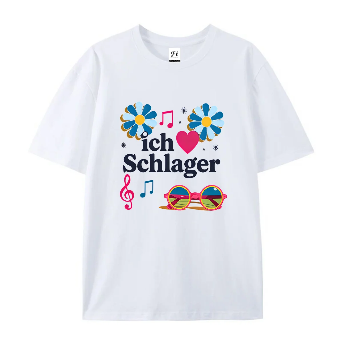 Women Ich Liebe Schlager Music Graphic T Shirt Summer O Neck Short Sleeve Casual Daisy Note Sunglasses Print Soft Tee for German