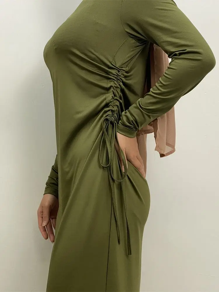 

Middle East Dubai Islamic Morocco Ramadan Saudi Arabia Solid Long Sleeve Dress Women's Side Drawstring Bottom Long Gown