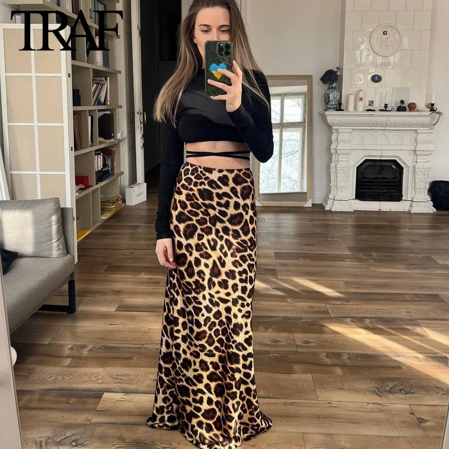 TRAF Women\'s Fashion Spring New Leopard Side Zip Vintage Midi Chic Female High Waist  Elegant A-line Long Skirt Mujer