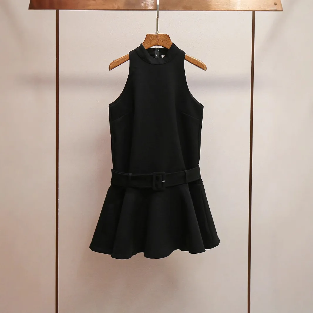 

High-End Summer New Vintage Hepburn Sle Stand Collar Waist Belt Svel Vest Dr Women's Clothing Commute Sle ort ...