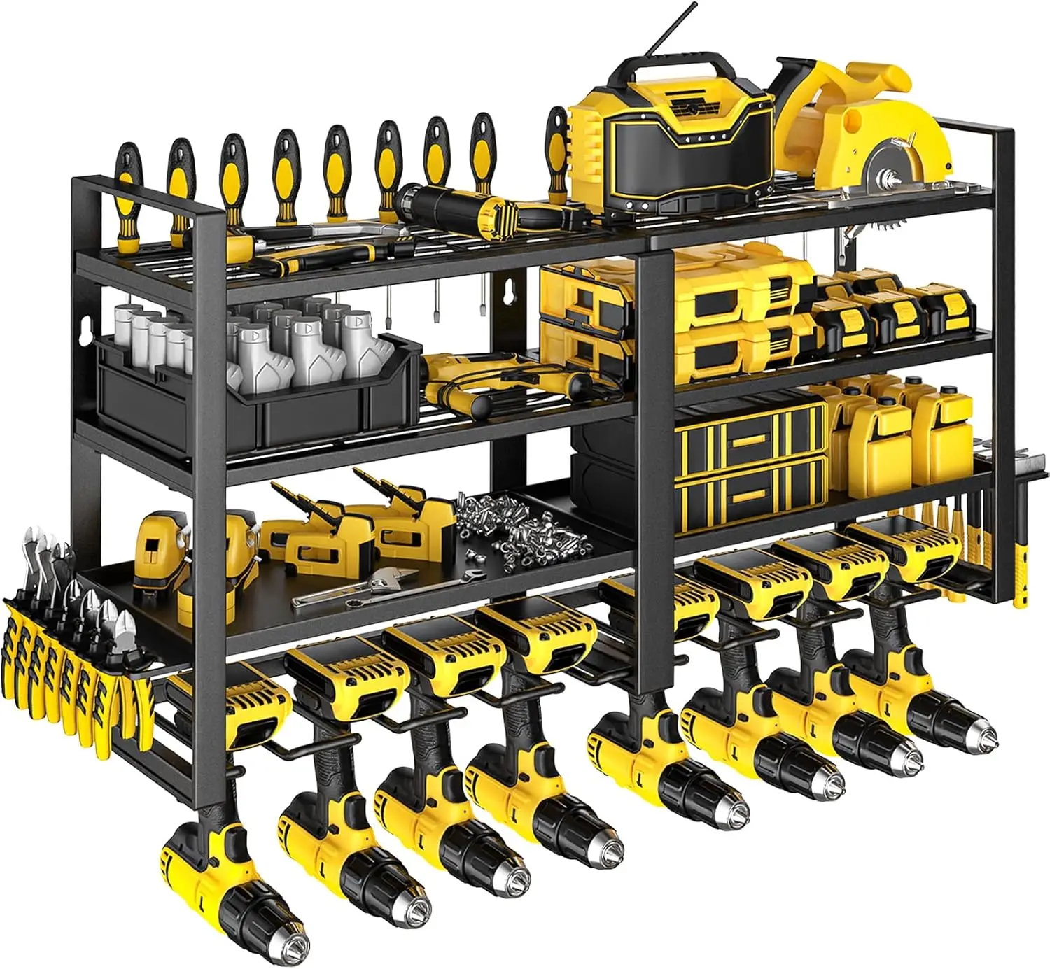 

Heavy Duty Metal Power Tool Storage Rack, Wall Mount with 4 Layers and 8 Drill Holders for Garage Workshop