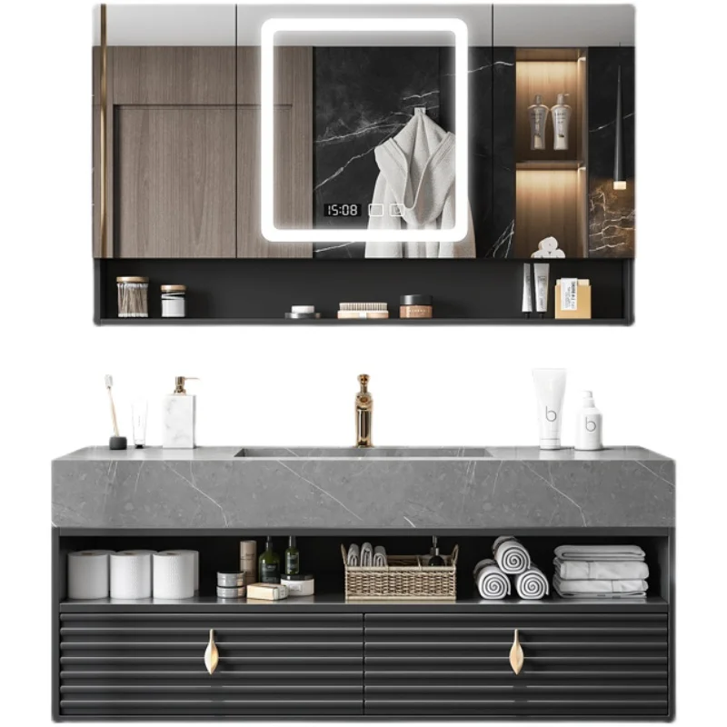 

Rock slab integrated basin bathroom cabinet modern simple bathroom solid wood washbasin bathroom cabinet