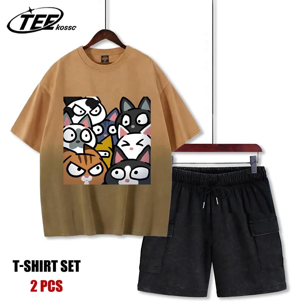 

Angry Helpless Cartoon Cats Print Tie-Dye Mens T-Shirt Summer Cotton T-Shirts Set New Breathable Clothes Unisex All-Match Top