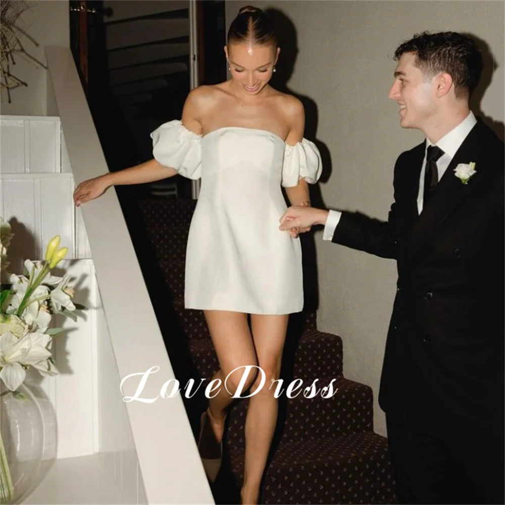 Customized Simple Puffy Sleeves A-Line Above Knee Stain Wedding Dresses Strapless Elegant Mini Backless Lace Up Short Sexy Dress