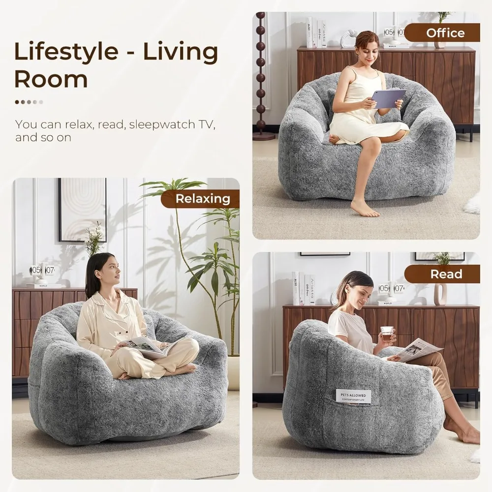 كرسي كيس فول من فراء الأرنب الصناعي كبير الحجم للبالغين، أريكة كسولة مريحة ومنفوشة، مقعد صالة على الأرض، لهجة مريحة بدون عظم