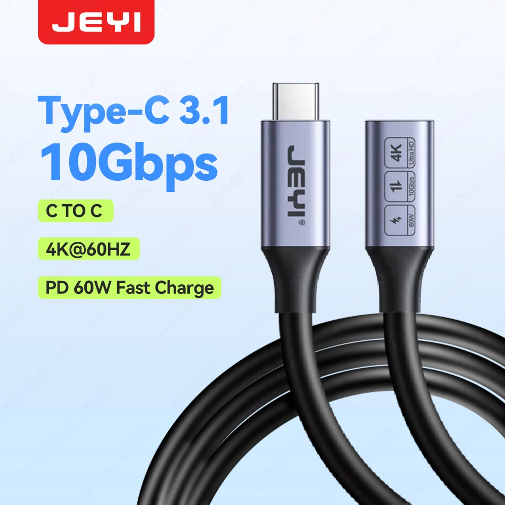 JEYI Przedłużacz USB C typu C Przedłużacz męski do żeńskiego USB 3.1 Gen 2 10 Gb/s Transfer danych 60 W Szybkie ładowanie do iPada Laptop