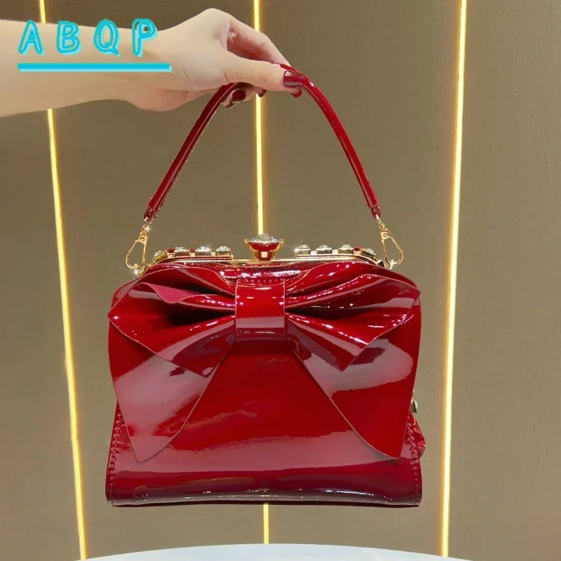 New Dinner Women's Bag Luxury Brand Dinner Party Clutch Bag Bow Bright Leather Diamond Fashion Women's Shoulder Messenger Bag