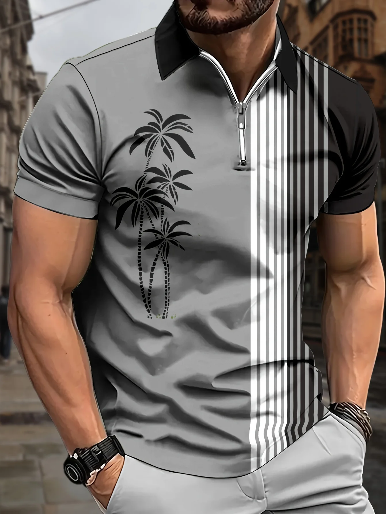 The 2025 Summer New Men's Zippered Short-Sleeved POLO Shirt Is Casual and Comfortable on the Street with 3D Coconut Tree Print